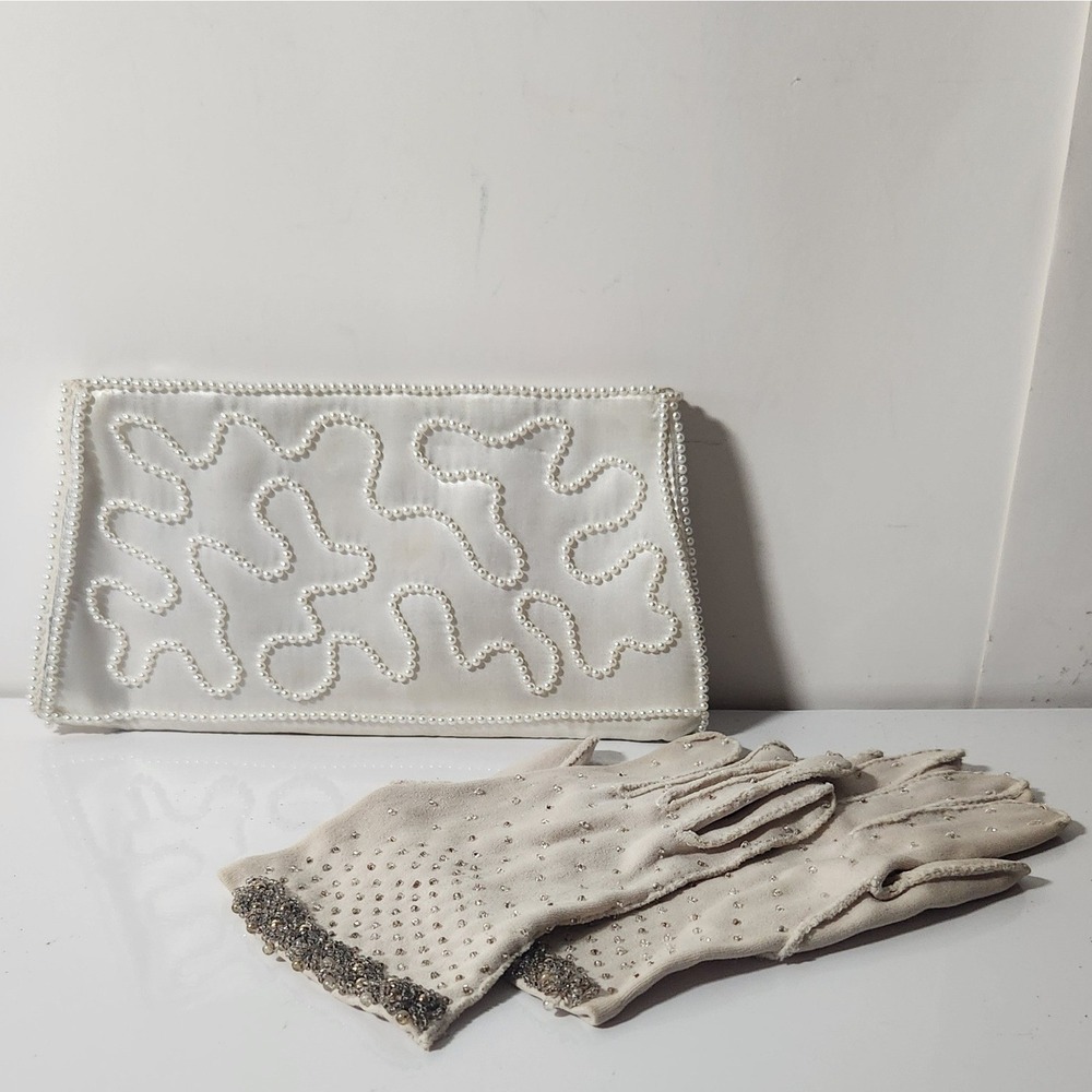 60s Vintage Made in Japan White Satin Pearl Beaded Clutch Purse and Gloves Set